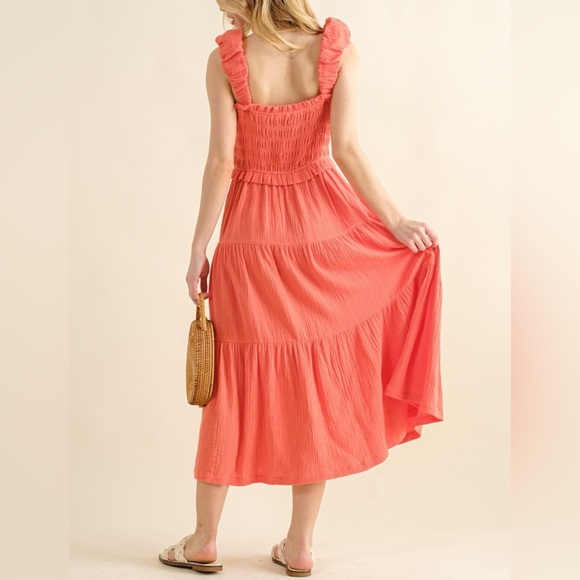 NWT And The Why Coral Pink Smocked Ruffled Tiered Midi Dress - Picture 3 of 4